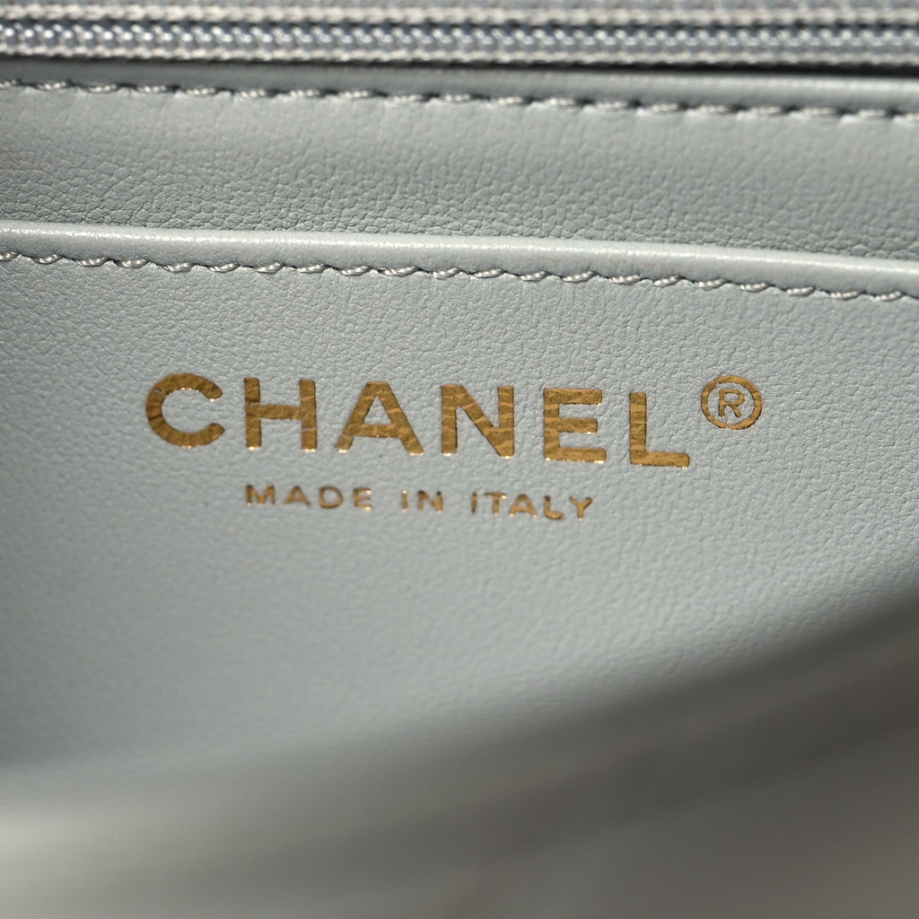 Chanel Lambskin Enamel Pearl Quilted Mini Charm Me Square Flap Light Blue