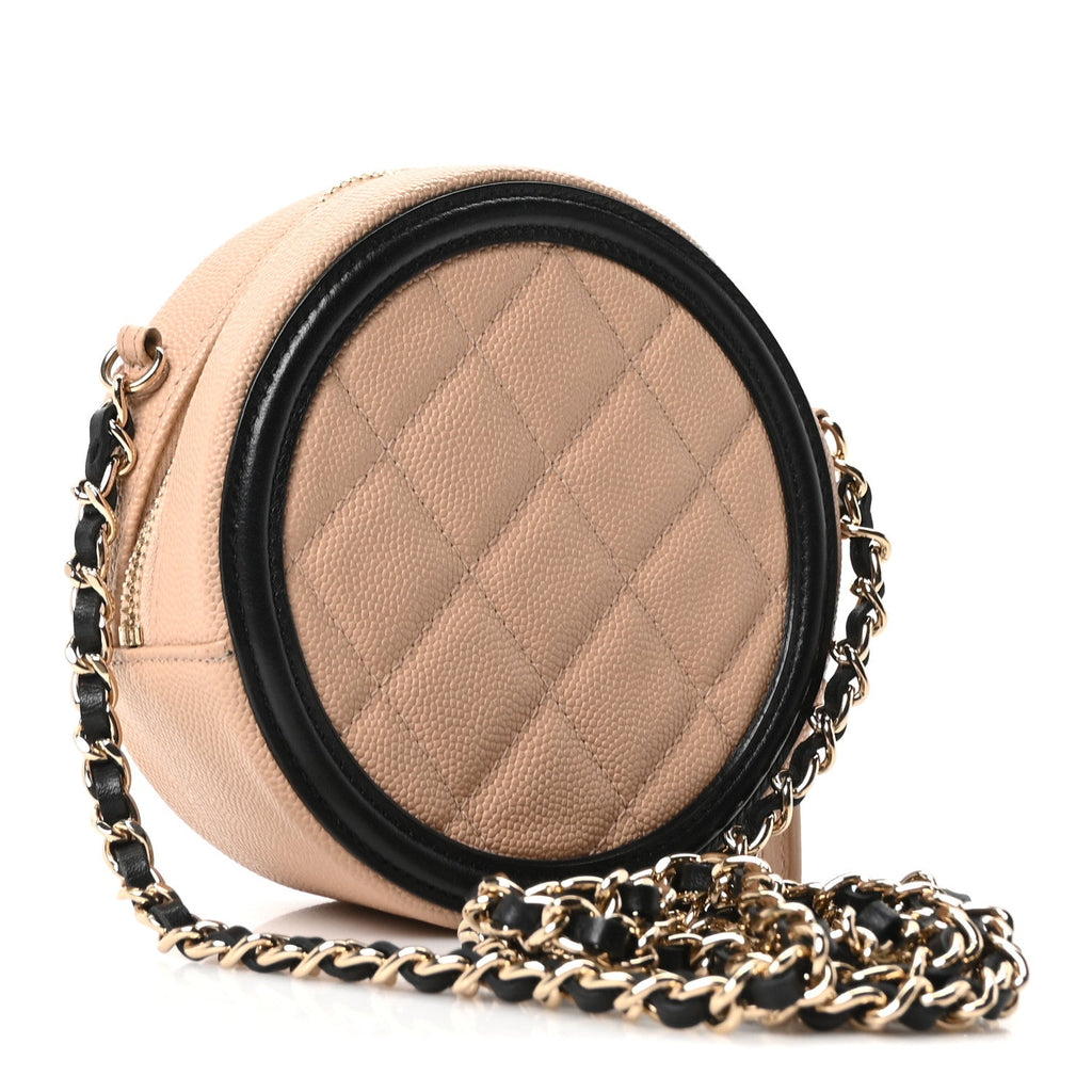 Chanel Caviar Quilted Round Filigree Crossbody Beige Black