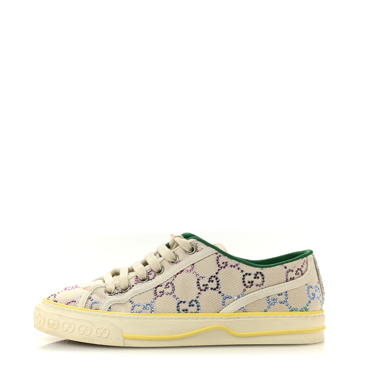 Gucci Canvas Lame Crystal GG Monogram Womens 1977 Tennis Sneakers 36 Gardenia Silver Mystic White