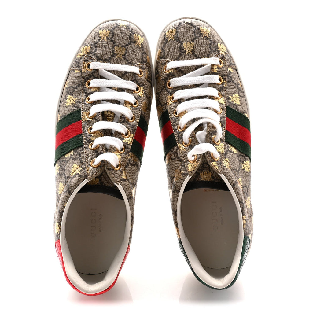 Gucci GG Supreme Monogram Bees Ayers Web Womens Ace Sneakers 38.5 Beige Oro Green Red
