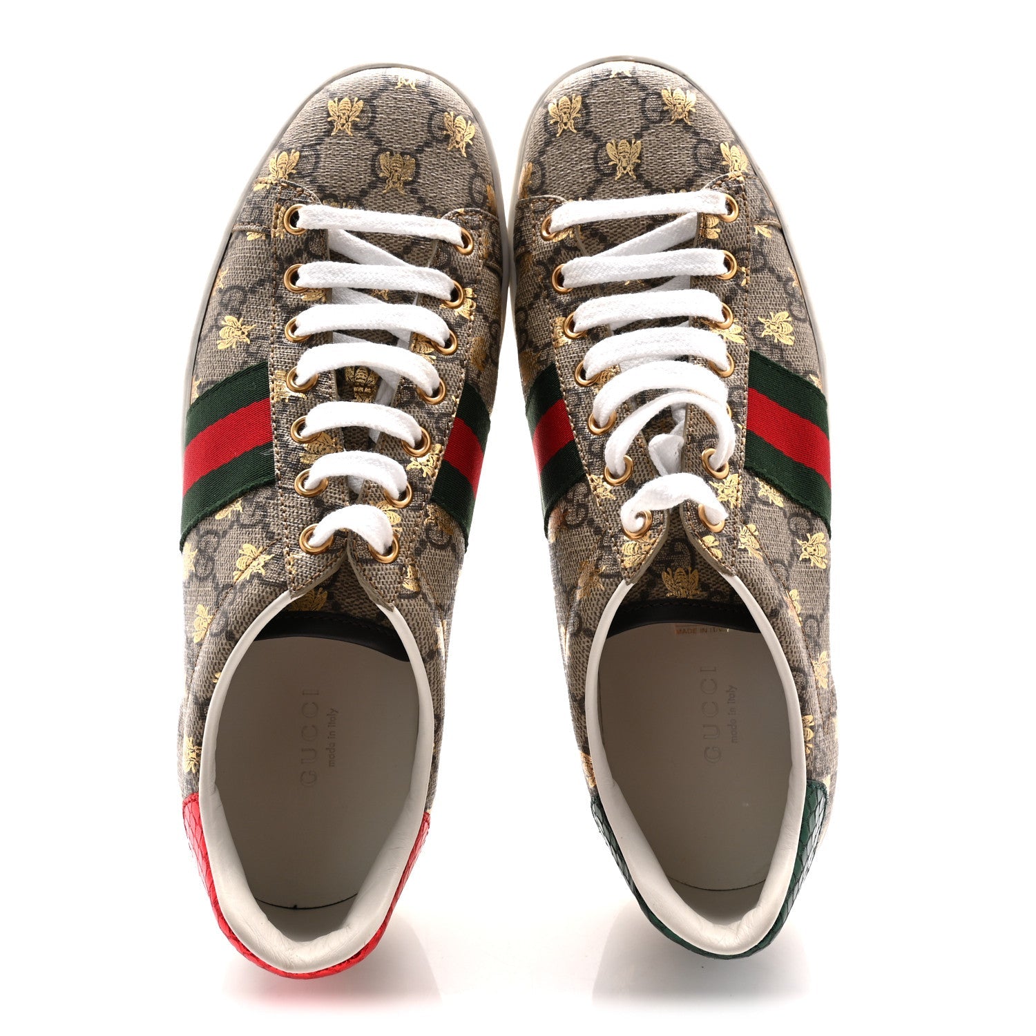 Gucci GG Supreme Monogram Bees Ayers Web Womens Ace Sneakers 38.5 Beige Oro Green Red