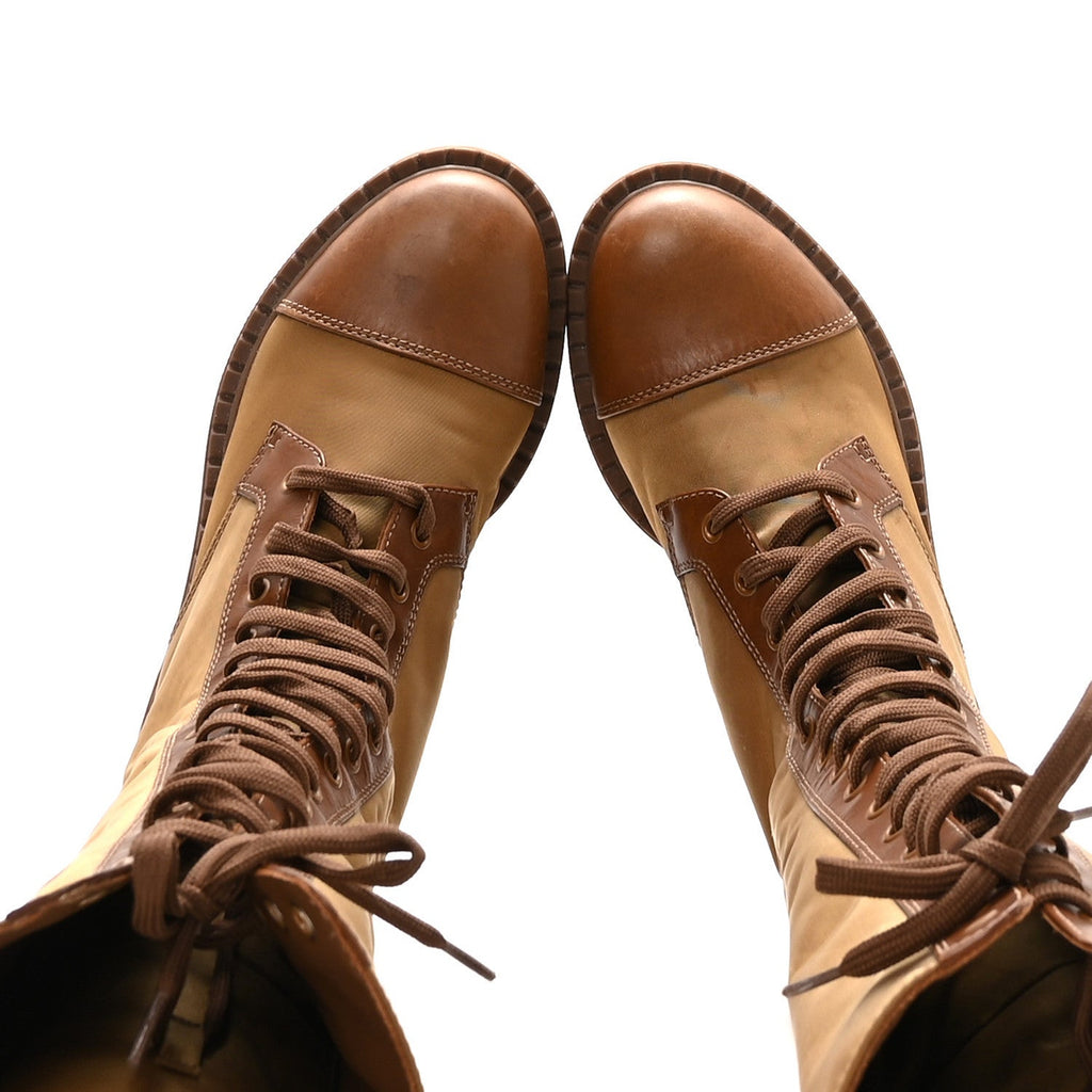 Prada Re-Nylon Spazzolato Rois Metal Triangle Logo Tall 50mm Combat Boots 35.5 Tobacco Brown