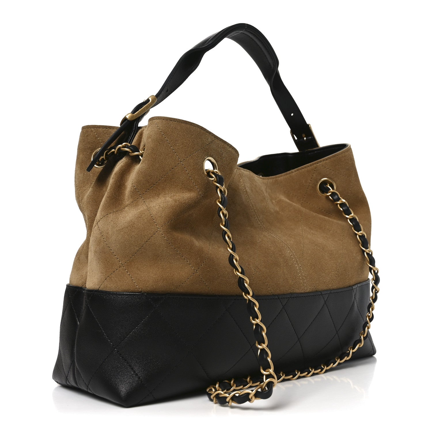 Chanel Suede Calfskin Shiny Lambskin Quilted Small Coco Base Shopping Bag Beige Black