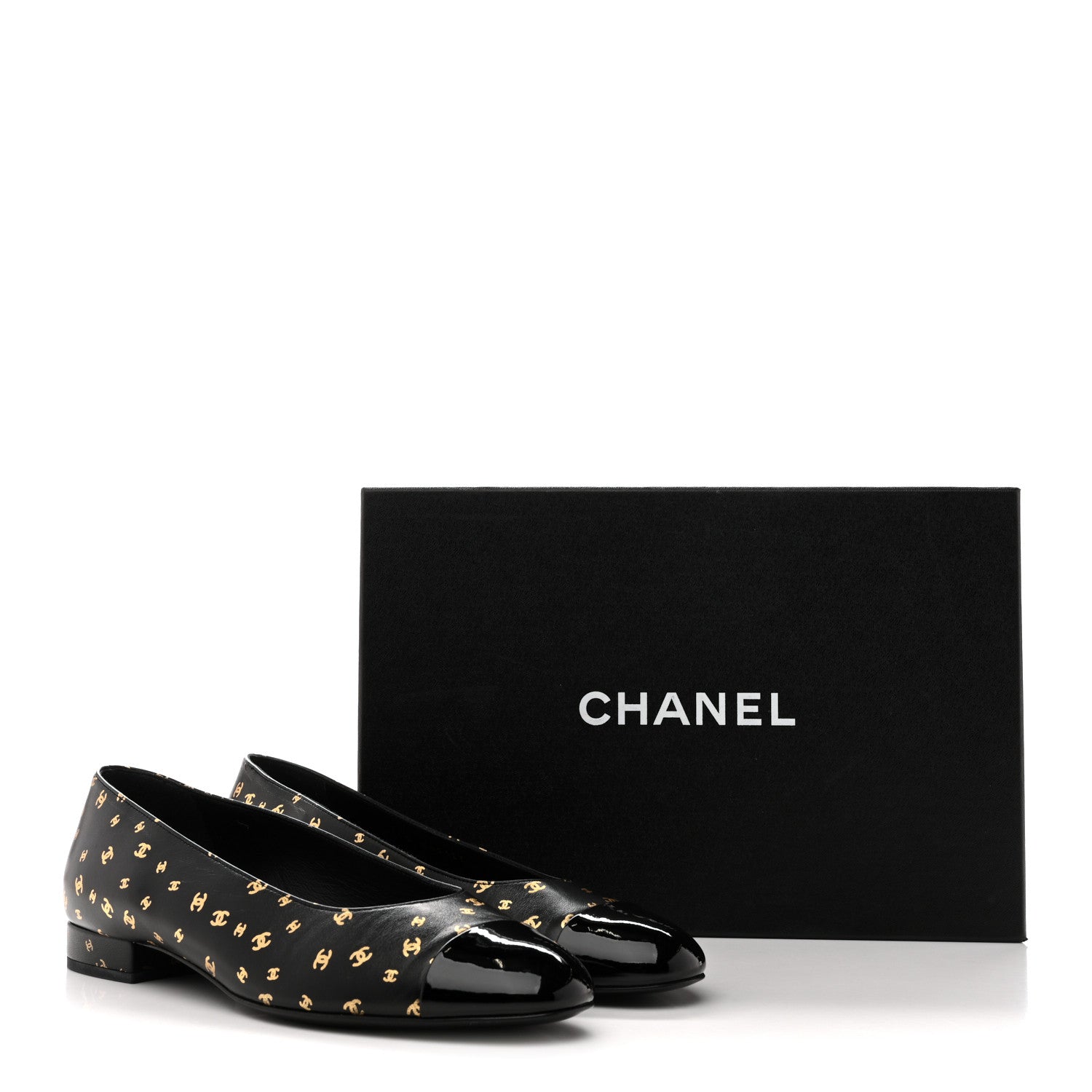 Lambskin Patent Calfskin Printed CC Cap Toe Ballerina Flats 38.5 Black Gold