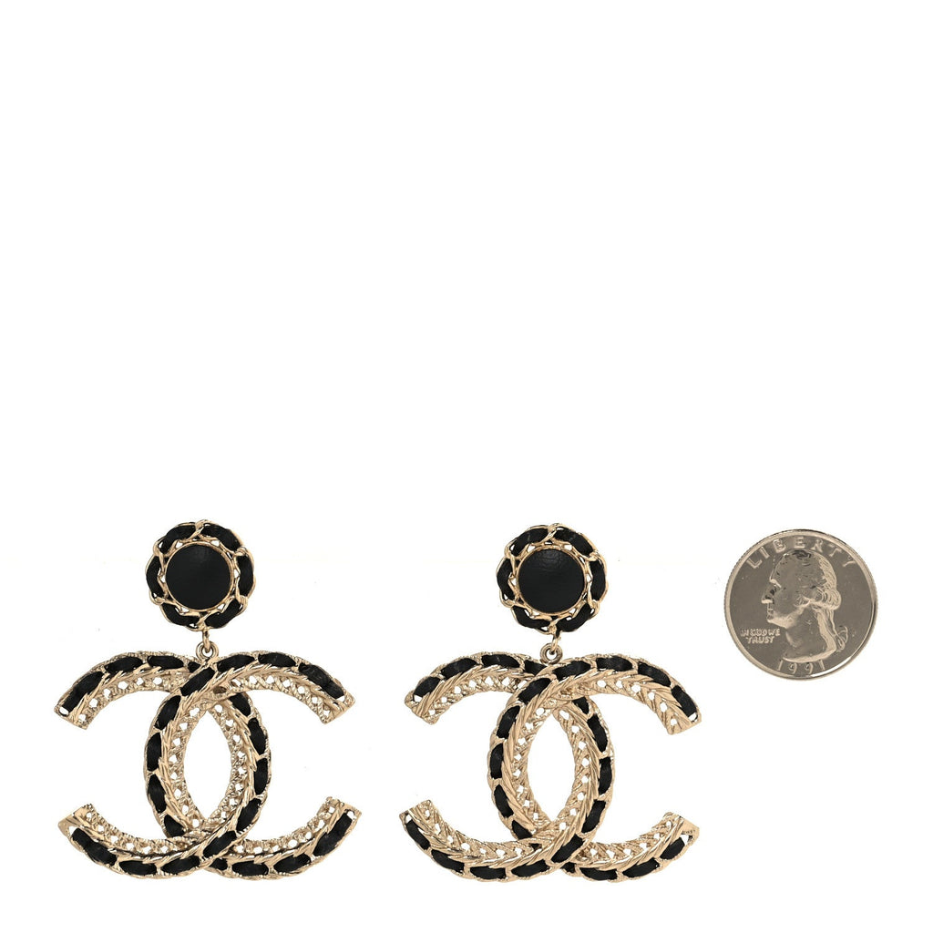Lambskin CC Chain Drop Earrings Black Gold