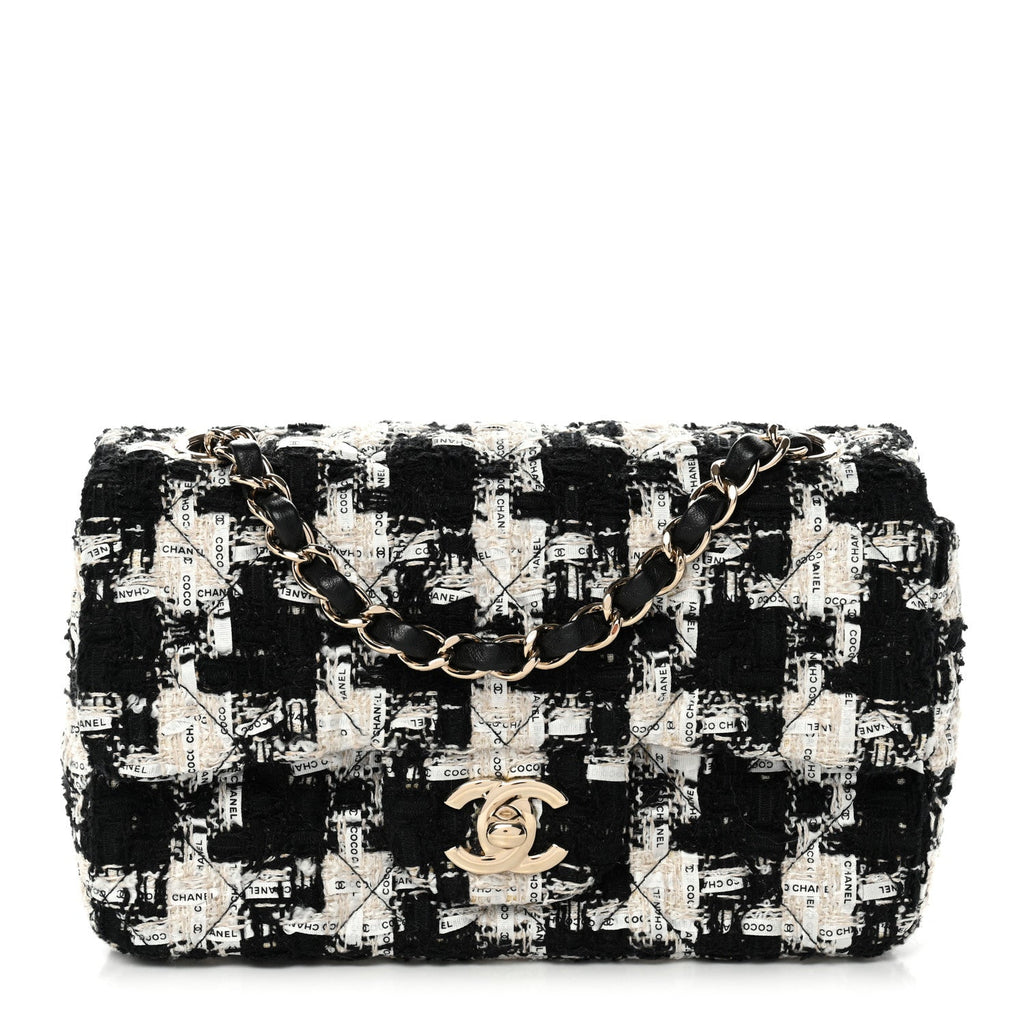Chanel Tweed Quilted Mini Rectangular Flap Black Ecru White