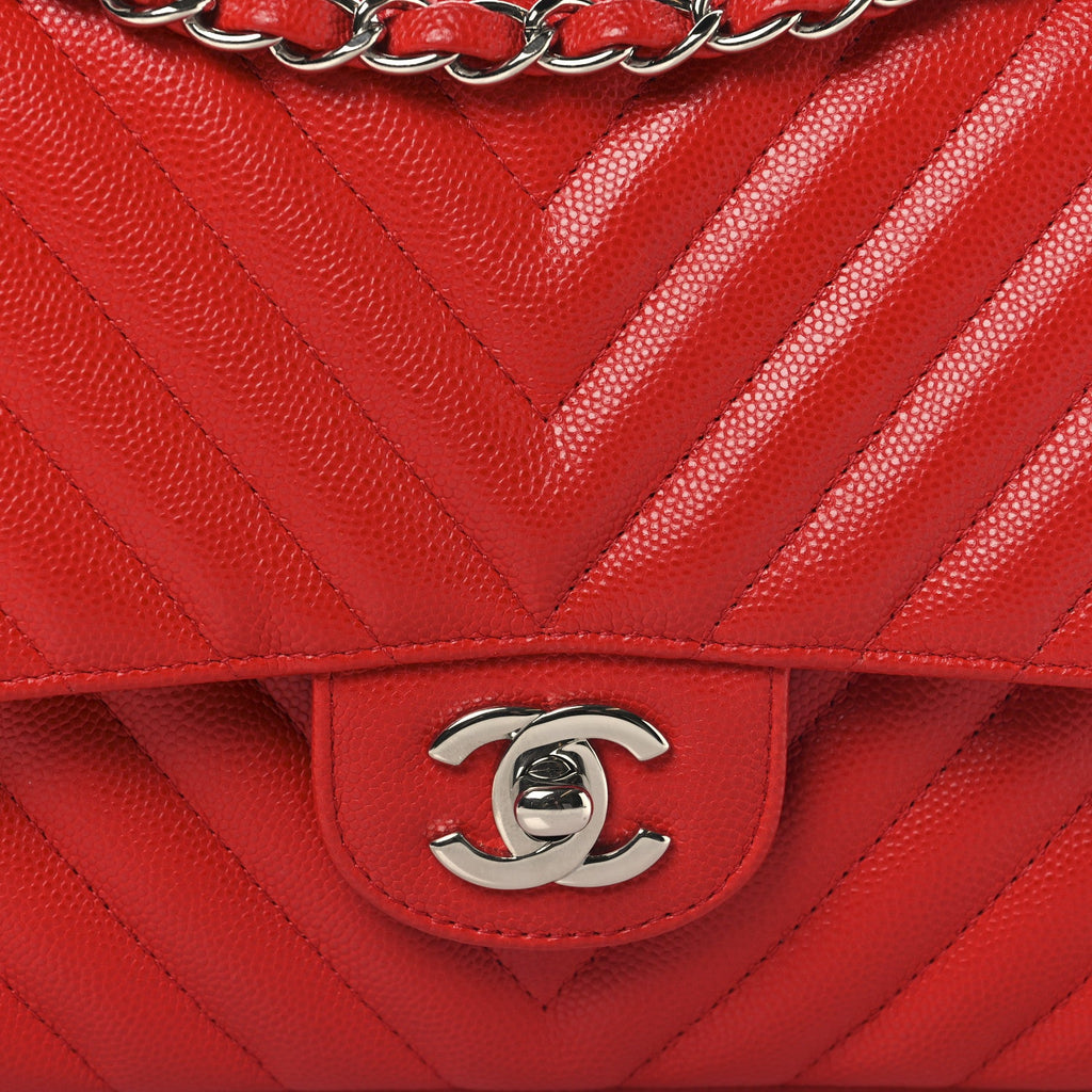 Chanel Caviar Chevron Quilted Medium Double Flap Red