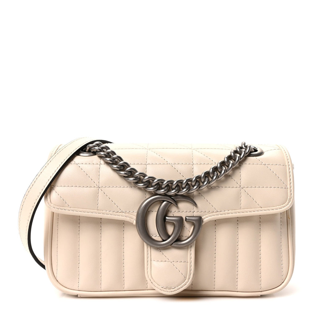 Gucci Calfskin Matelasse Aria Mini GG Marmont Shoulder Bag Mystic White
