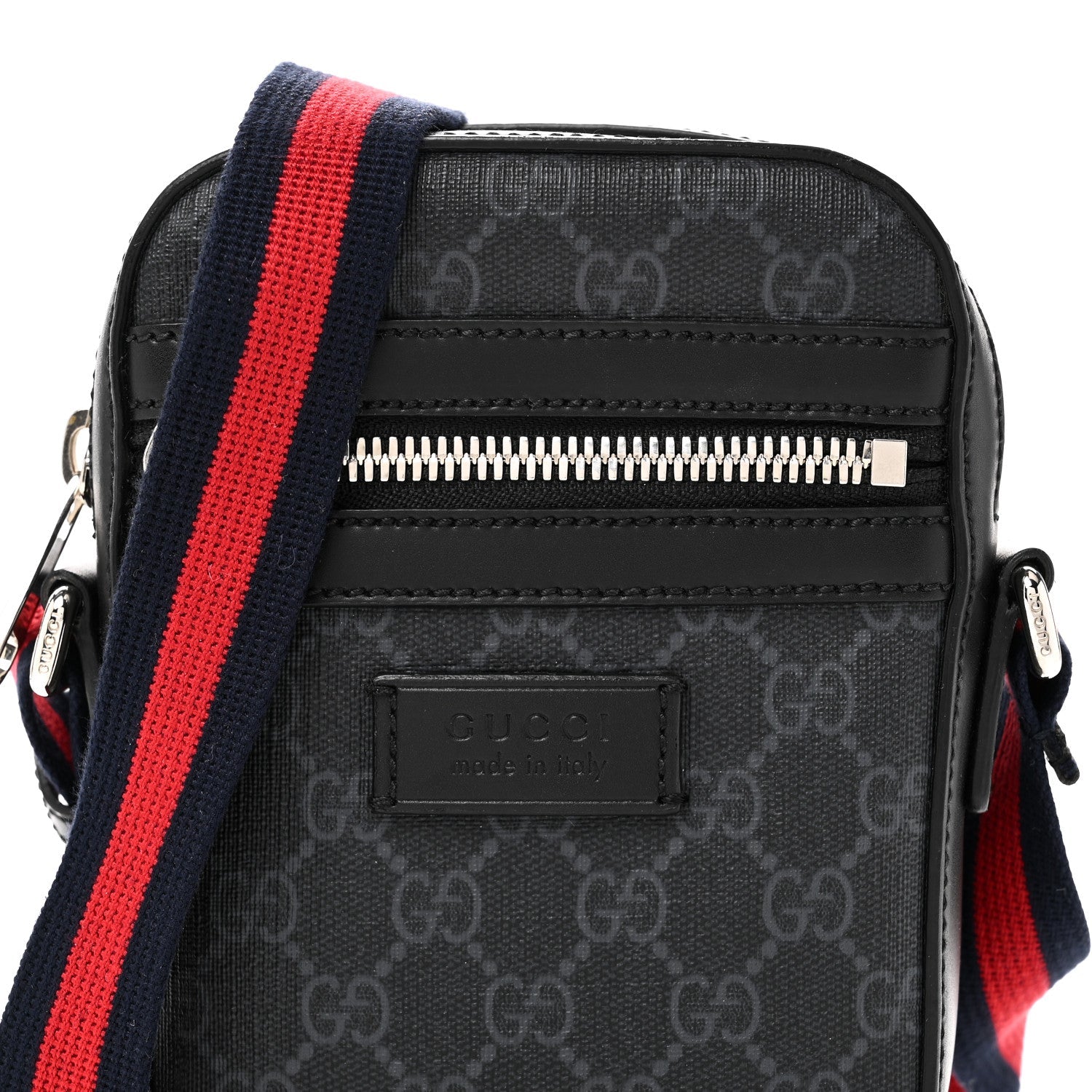 Gucci GG Supreme Monogram Appia Calfskin Web Small Camera Messenger Bag Black Grey