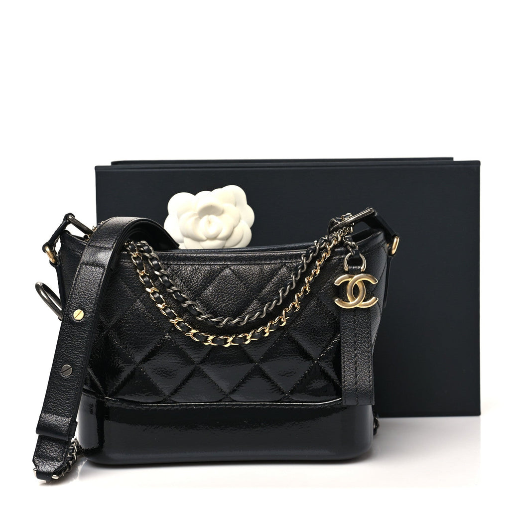 Chanel Patent Goatskin Quilted Small Gabrielle Hobo Black