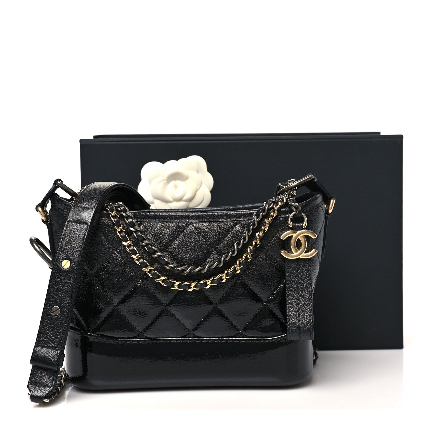 Chanel Patent Goatskin Quilted Small Gabrielle Hobo Black