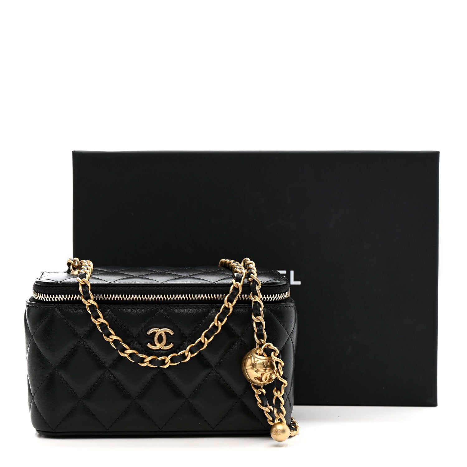 Chanel Lambskin Quilted Pearl Crush Small Vanity Case With Chain Black