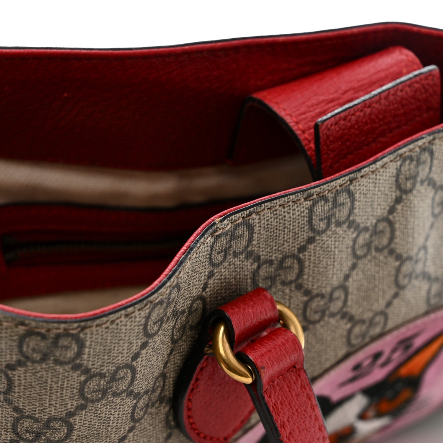 Gucci Soft GG Supreme Monogram Web Bosco Patch Small Crossbody Tote Beige Malva Hibiscus Red
