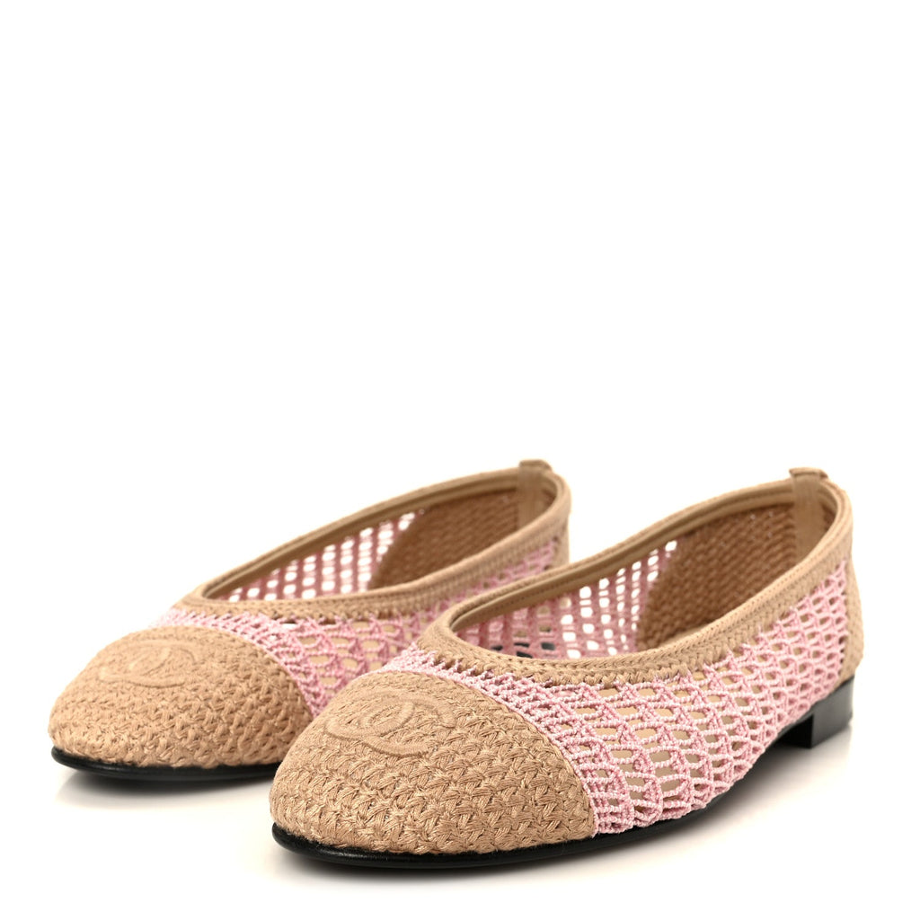 Raffia Cap Toe Ballerina Flats 36.5 Pink Beige