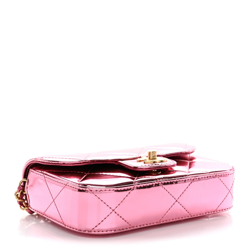 Chanel Mirror Metallic Calfskin Quilted Mini Top Handle Flap Pink