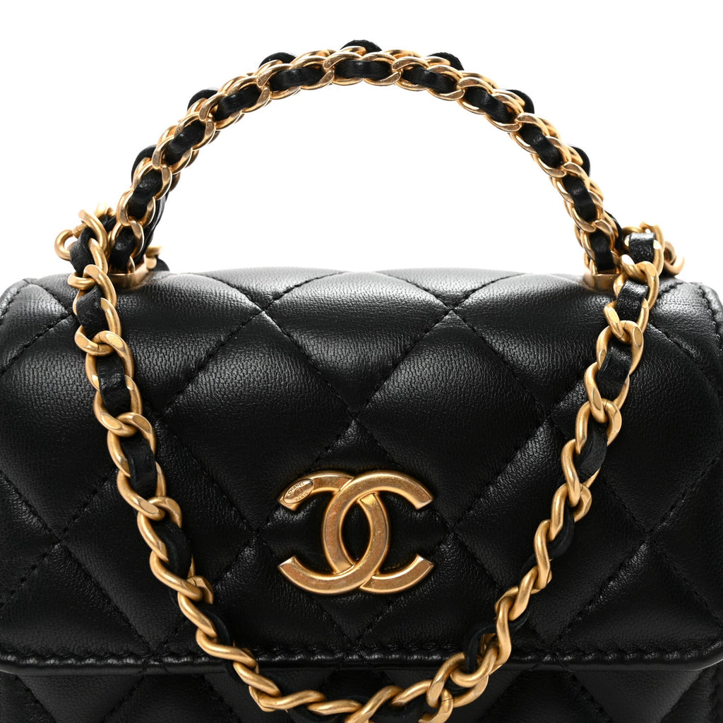 Chanel Lambskin Quilted Chain Top Handle Clutch With Chain Black