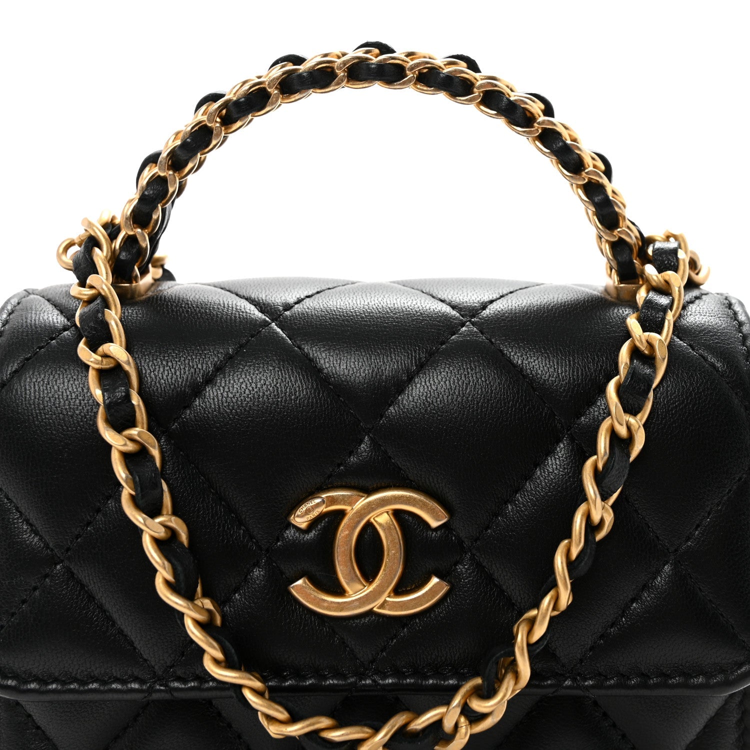 Chanel Lambskin Quilted Chain Top Handle Clutch With Chain Black