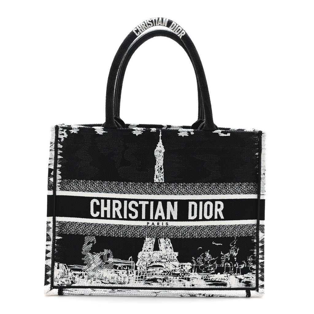 Christian Dior Canvas Embroidered Medium Paris Book Tote Black White