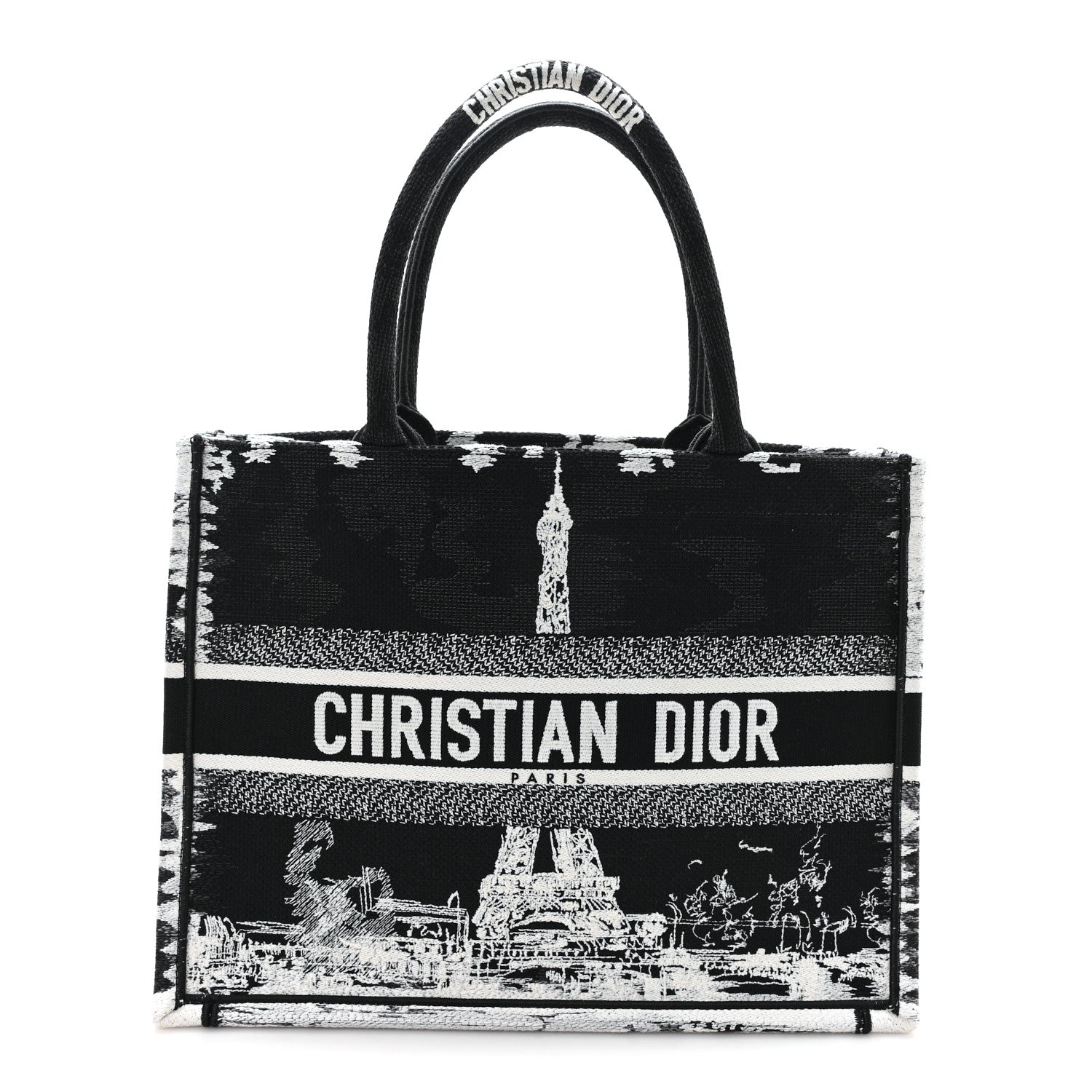 Christian Dior Canvas Embroidered Medium Paris Book Tote Black White