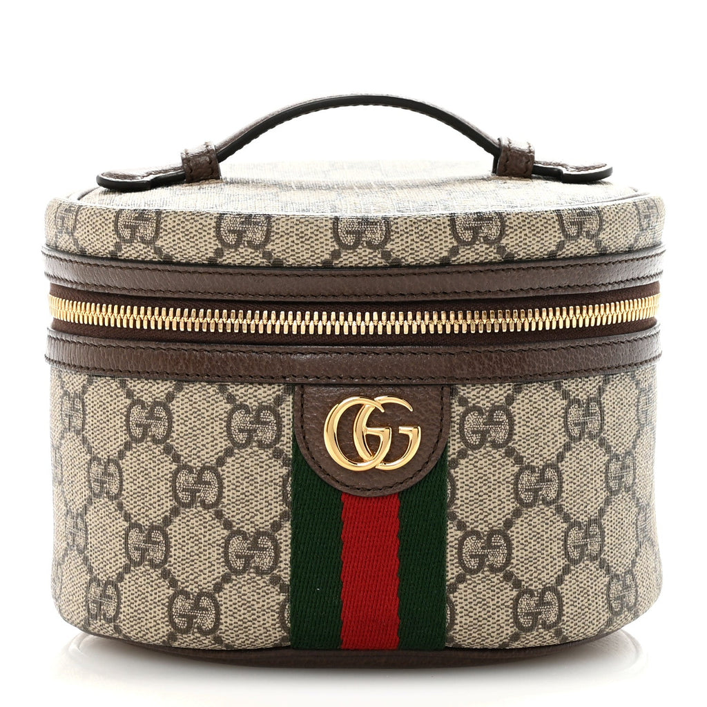 Gucci GG Supreme Monogram Textured Calfskin Web Ophidia Vanity Cosmetic Case Beige Ebony New Acero