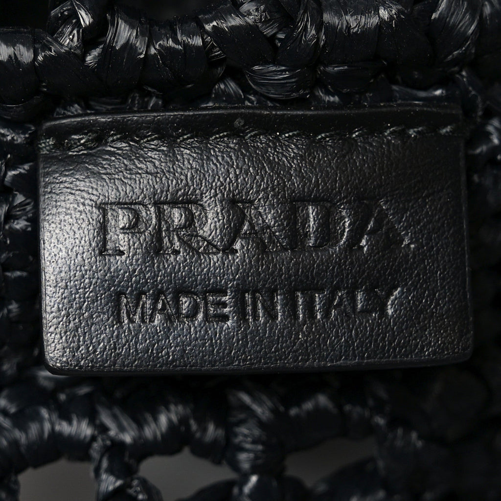 Prada Yarn Raffia Effect Crochet Logo Embroidered Tote Bag Black