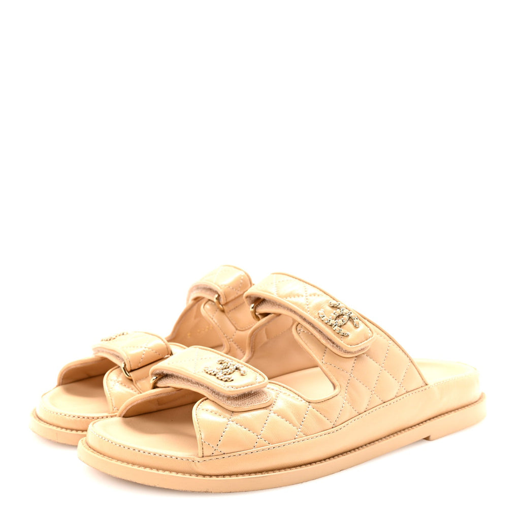 Lambskin Quilted Velcro Dad Chain CC Slide Sandals 39.5 Beige