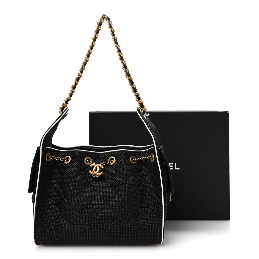 Chanel Braided Raffia Calfskin Small Chanel 25 Handbag Black White