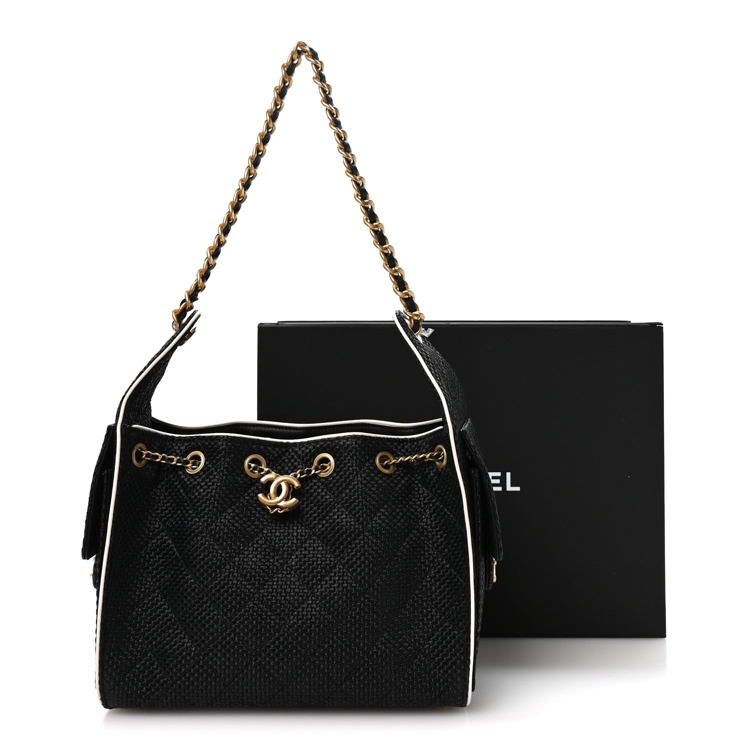 Chanel Braided Raffia Calfskin Small Chanel 25 Handbag Black White