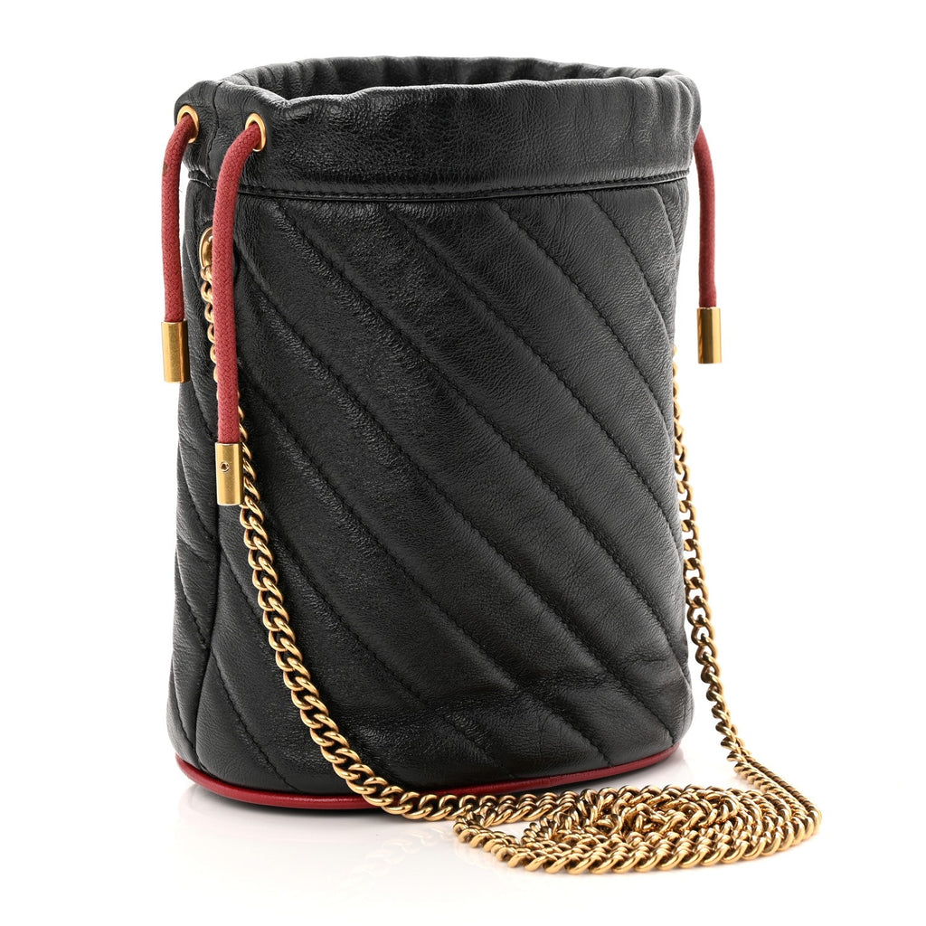 Gucci Vintage Effect Calfskin Matelasse Diagonal Mini Torchon GG Marmont 2.0 Bucket Bag Black Romantic Cherry