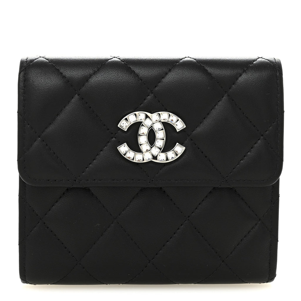 Lambskin Quilted Baguette Crystal Small Compact Wallet Black