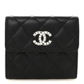 Lambskin Quilted Baguette Crystal Small Compact Wallet Black