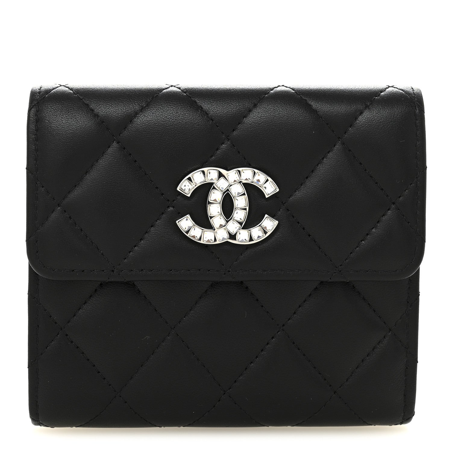 Lambskin Quilted Baguette Crystal Small Compact Wallet Black