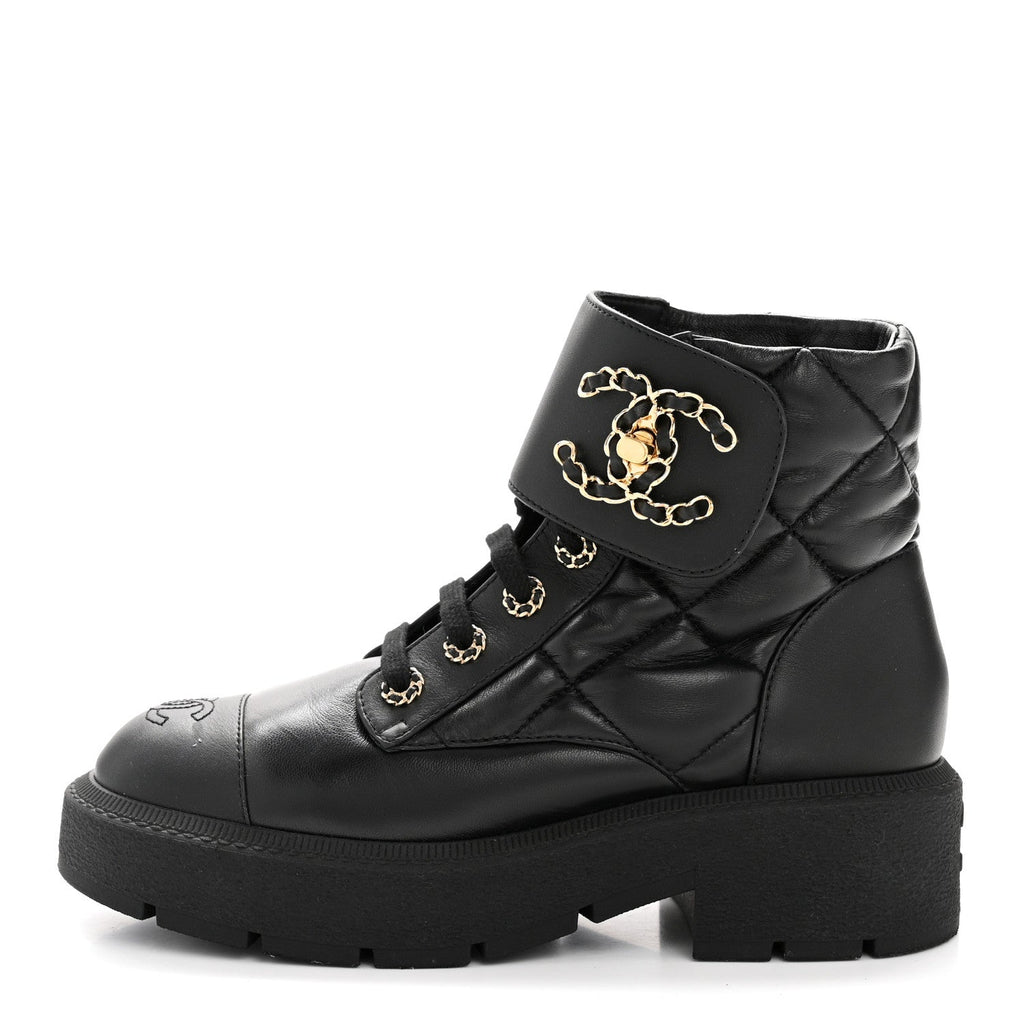 Lambskin Calfskin Quilted Lace Up Combat Boots 38 Black