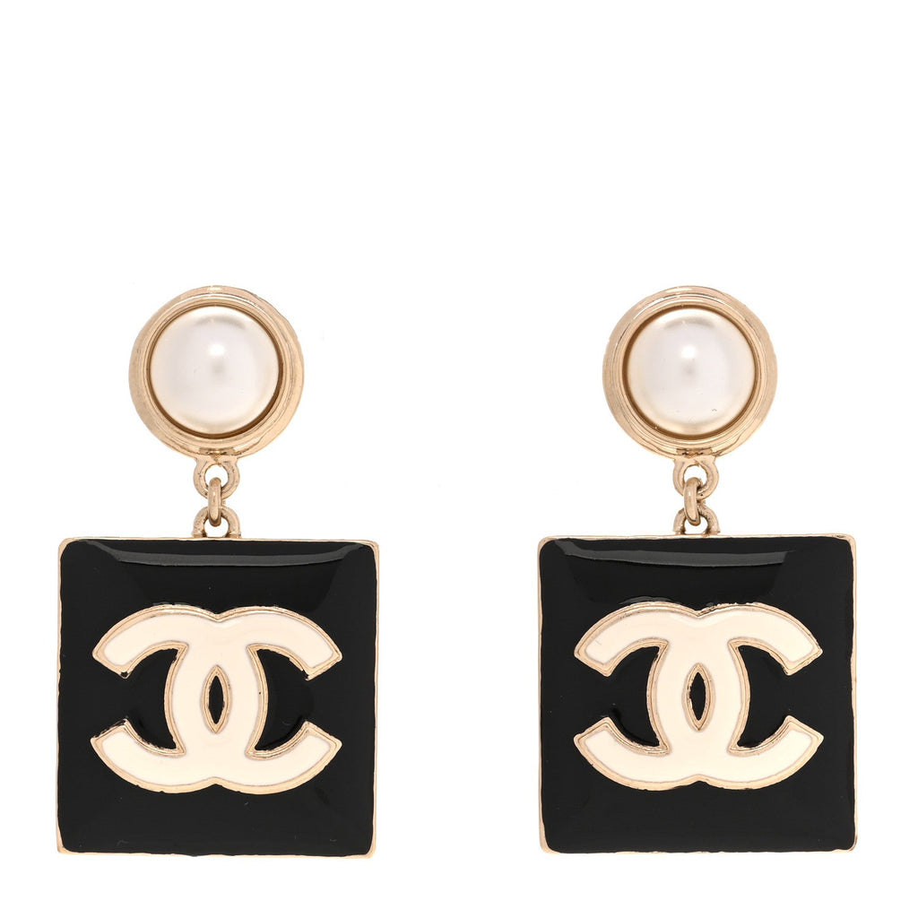 Metal Enamel Pearl Square CC Drop Earrings Gold Black White
