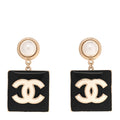 Metal Enamel Pearl Square CC Drop Earrings Gold Black White