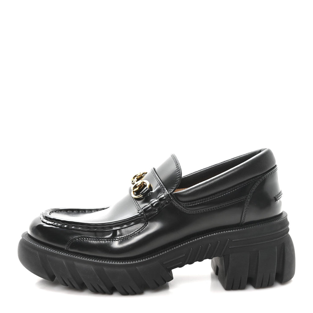 Gucci Magnum Calfskin Nappa Samoa Womens Horsebit Platform Chunky Lug Sole 40mm Loafers 40 Black