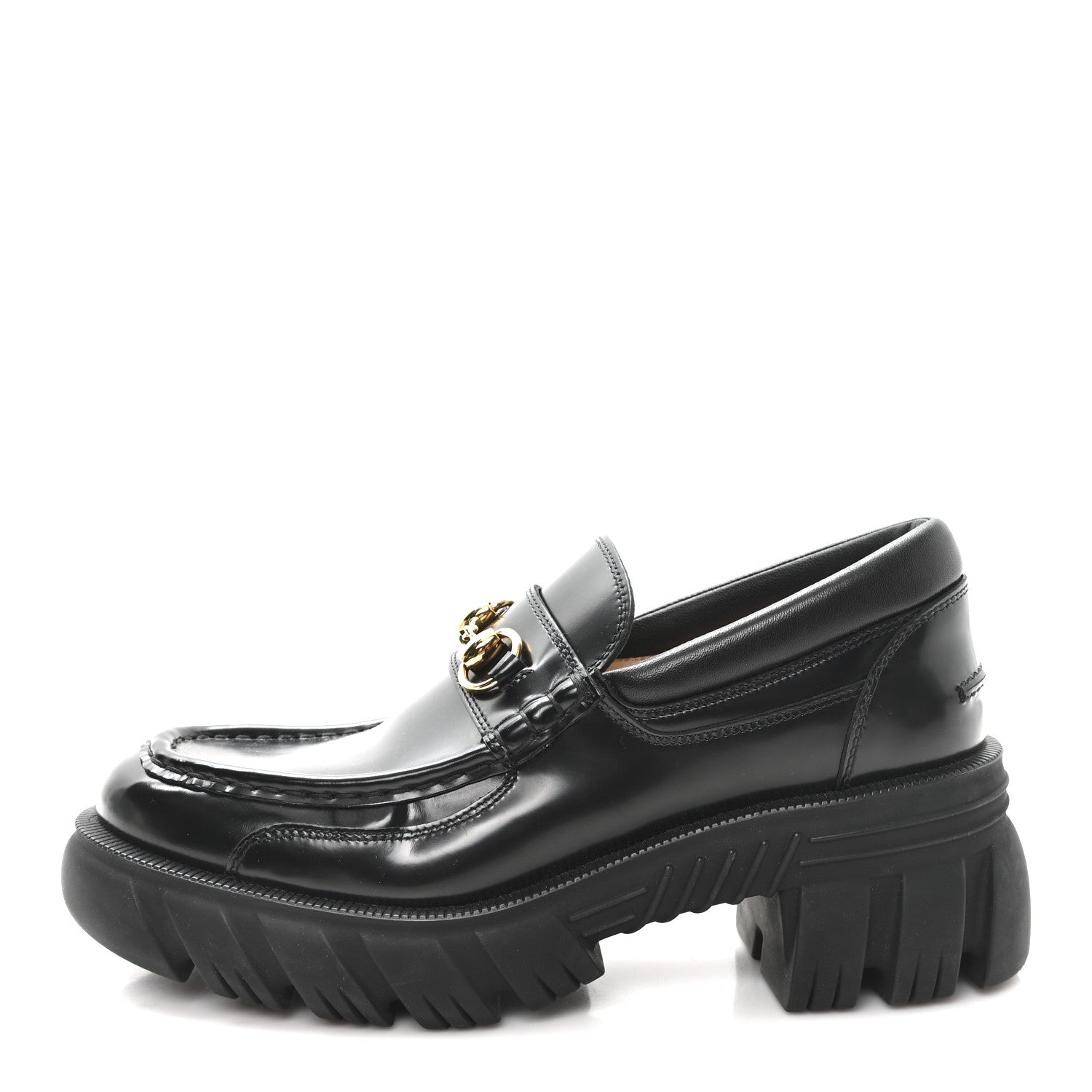Gucci Magnum Calfskin Nappa Samoa Womens Horsebit Platform Chunky Lug Sole 40mm Loafers 40 Black