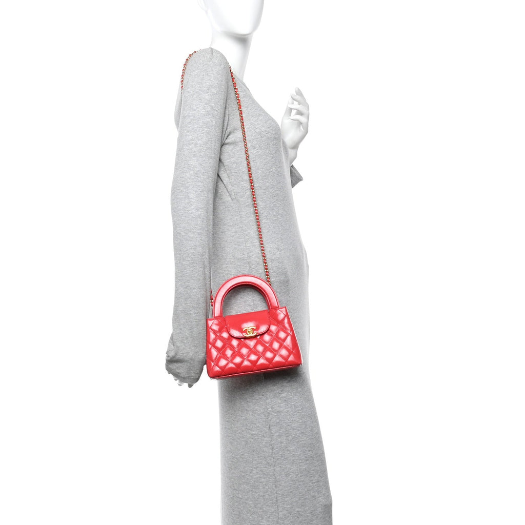 Chanel Shiny Aged Calfskin Quilted Nano Kelly Shopper Red