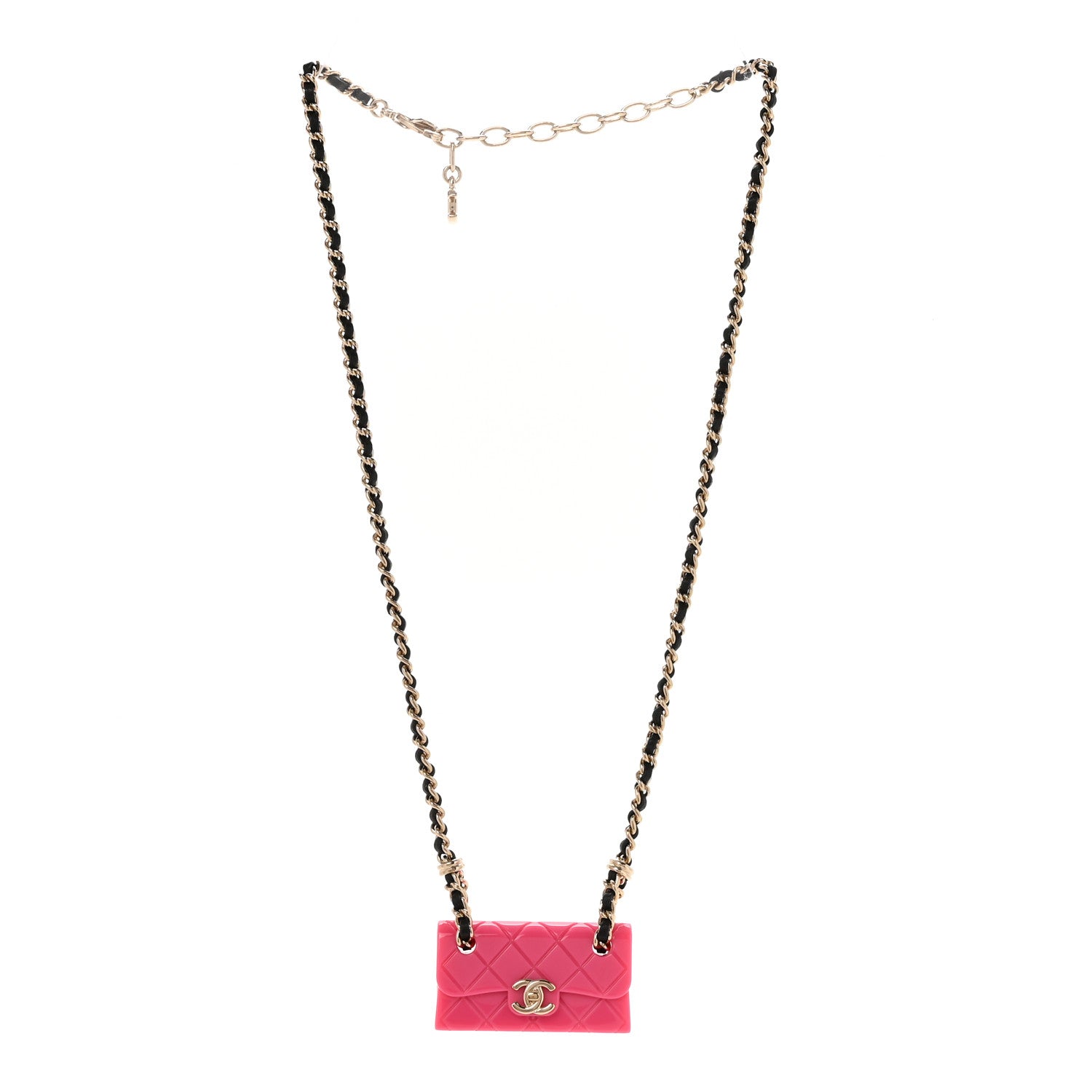 Metal Resin Lambskin Flap Bag Long Necklace Golden Pink Black