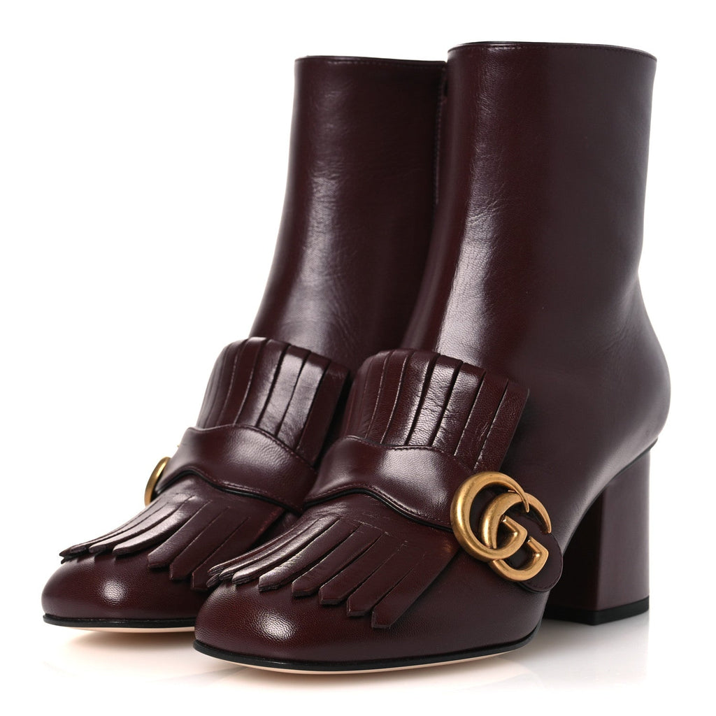 Gucci Malaga Kid GG Marmont Fringe 75mm Ankle Boots 36 Vintage Bordeaux