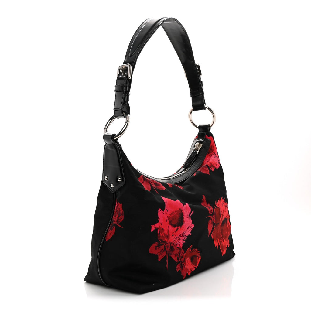 Prada Tessuto Nylon Rose Shoulder Bag Black Rosso