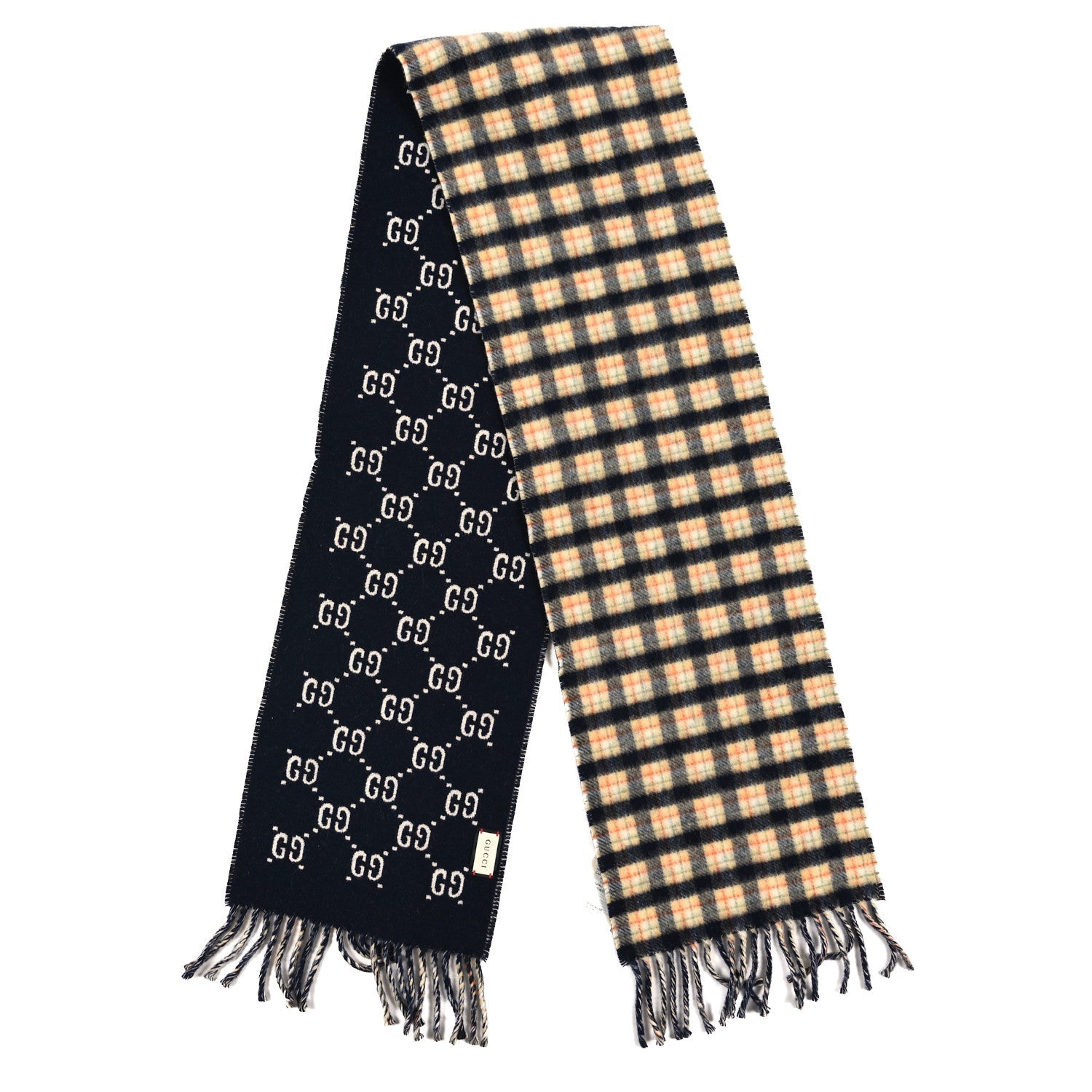 Gucci Wool GG Monogram Plaid Rise Reversible Fringe Scarf Midnight Blue Cream