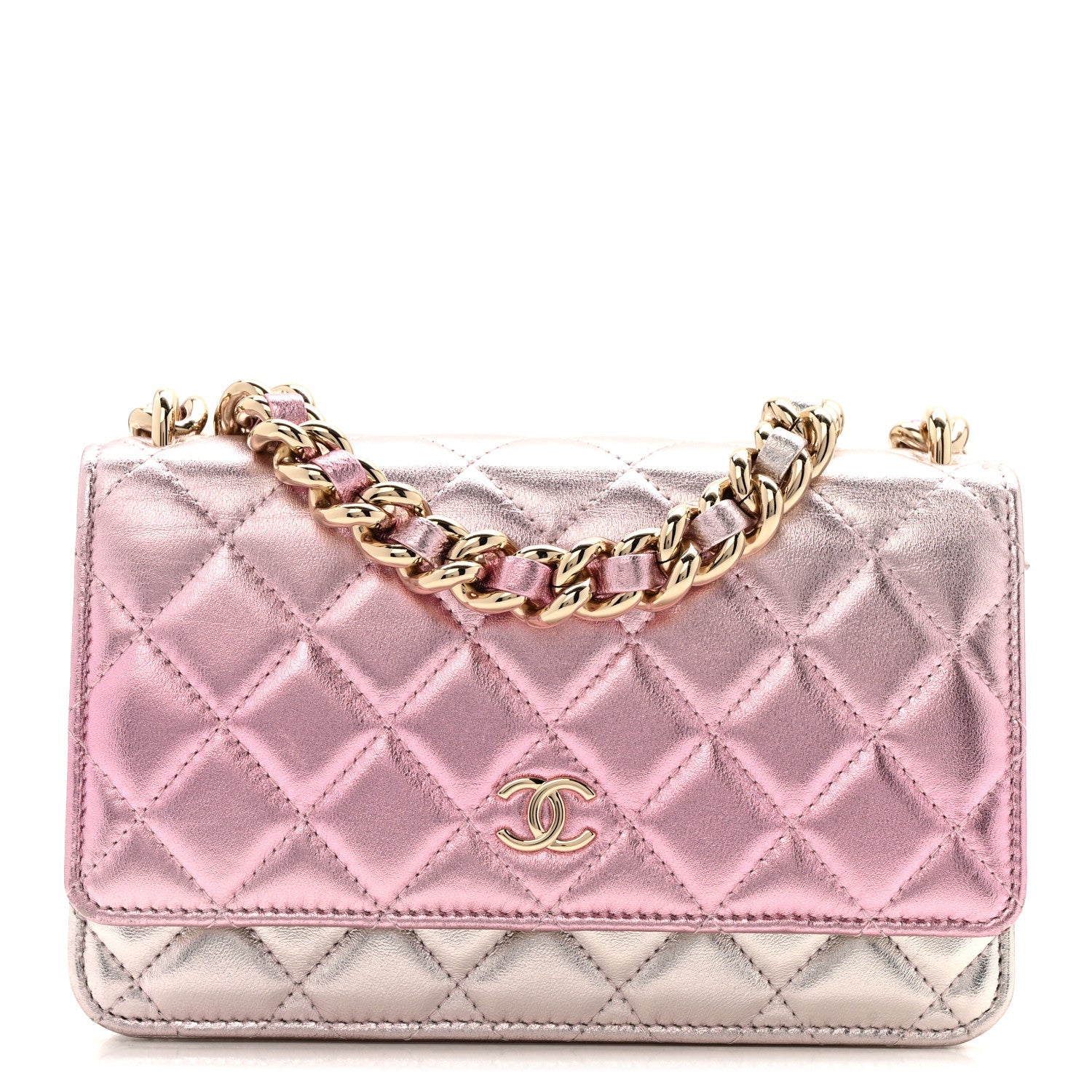 Chanel Gradient Metallic Lambskin Quilted Like A Wallet Wallet On Chain WOC Gold Pink