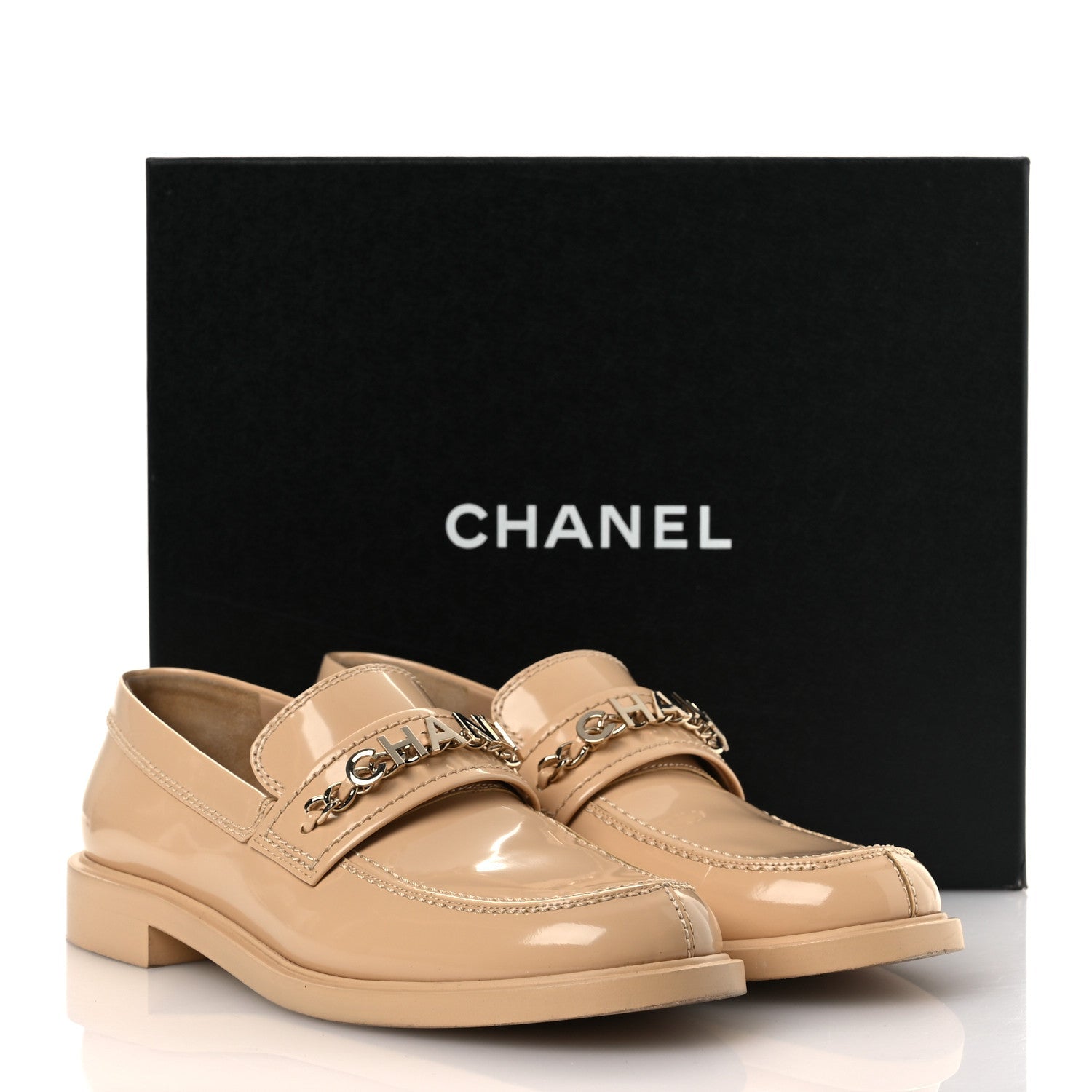 Chanel Shiny Calfskin Logo Loafers 40 Beige