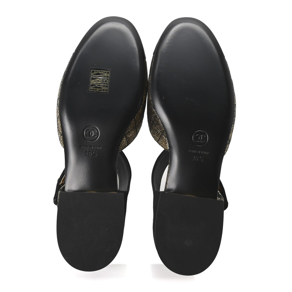 Laminated Suede Kidskin Grosgrain Quilted Cap Toe Ballerina Flats 36.5 Gold Black