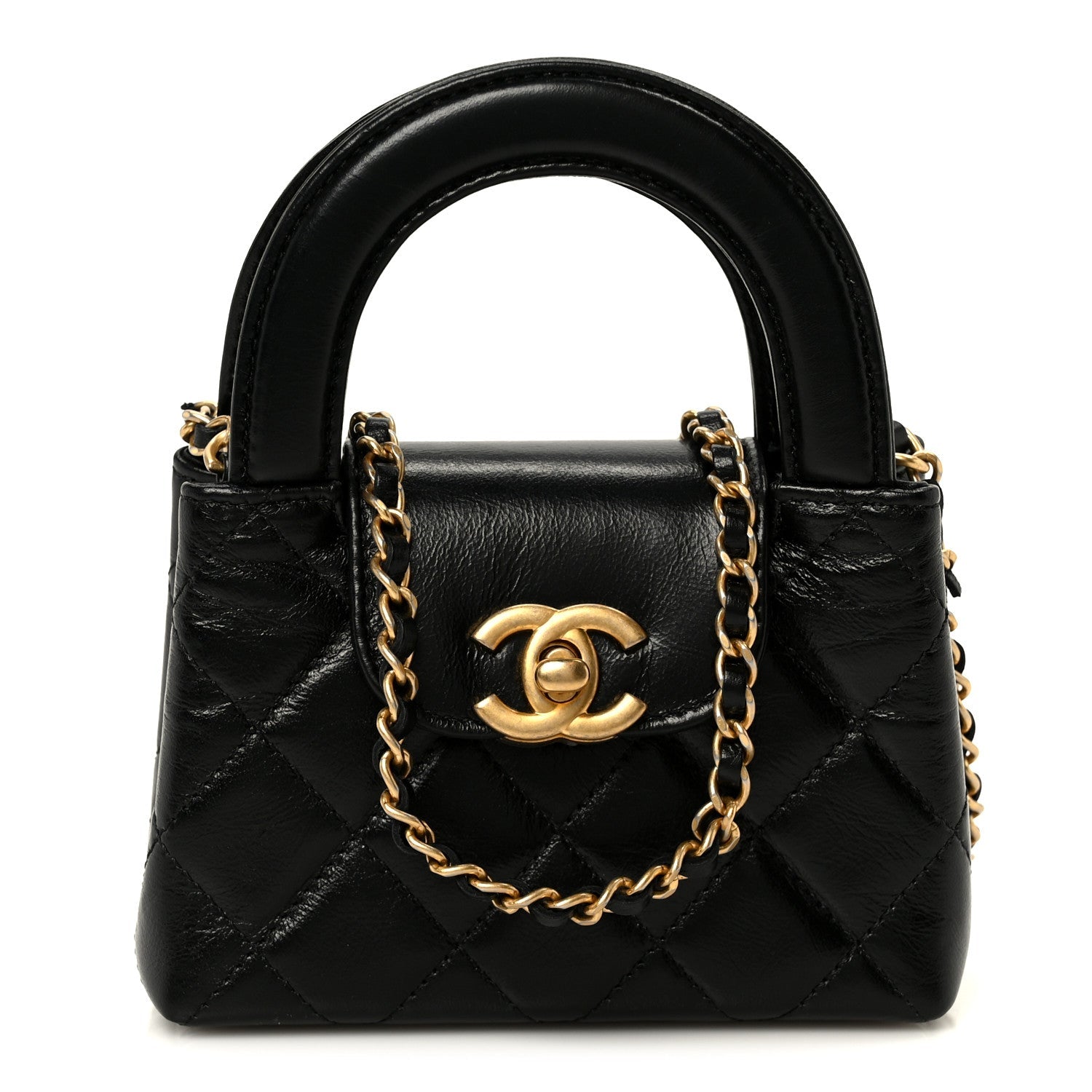 Chanel Shiny Aged Calfskin Quilted Mini Nano Kelly Shopper Black