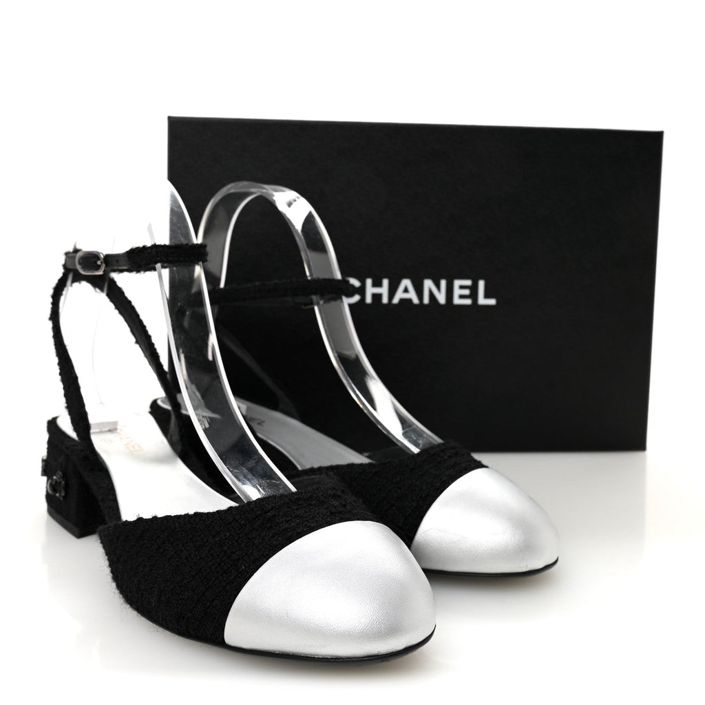 Chanel Tweed Iridescent Calfskin Cap Toe CC Slingback Pumps 38.5 Black Silver
