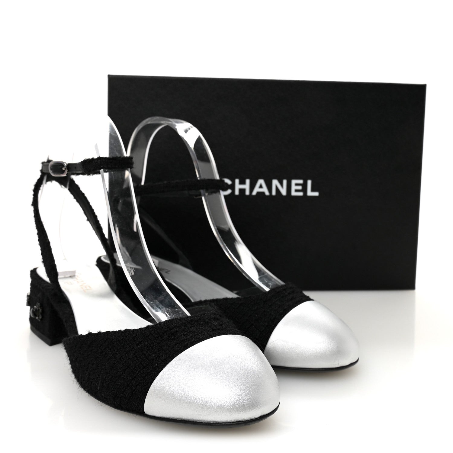 Chanel Tweed Iridescent Calfskin Cap Toe CC Slingback Pumps 38.5 Black Silver