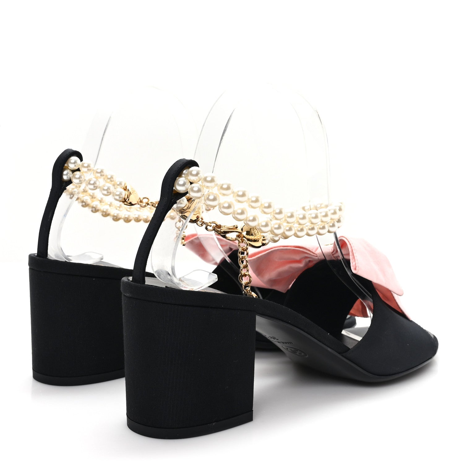 Chanel Silk Pearl Bow CC Ankle Strap Sandals 39.5 Pink Black