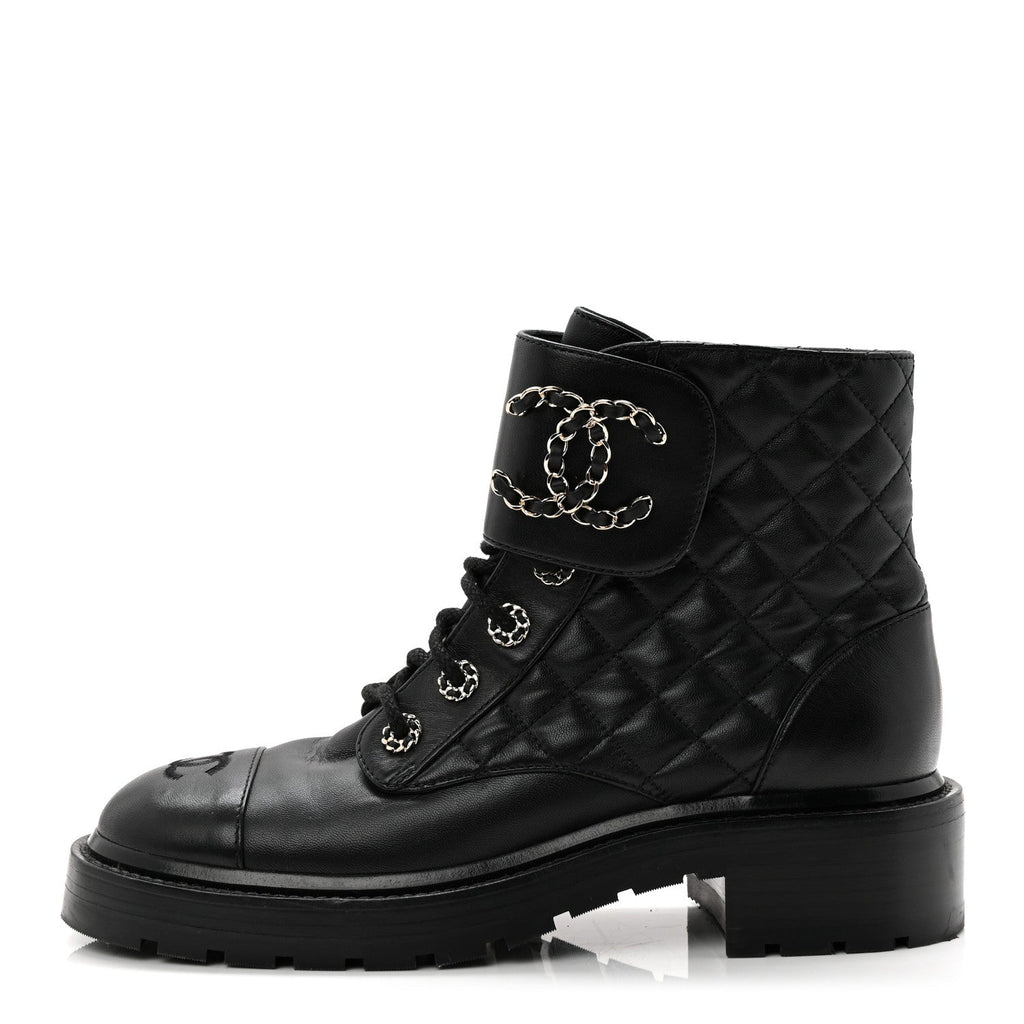 Chanel Shiny Lambskin Quilted Lace Up Combat Boots 38.5 Black